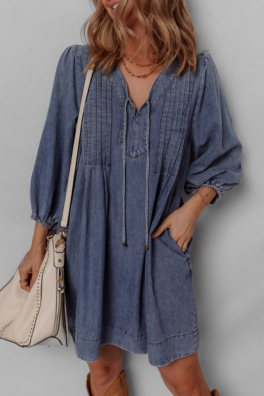 Blue Pleated V Neck 3/4 Sleeve Denim Mini Dress