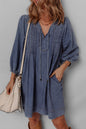 Blue Pleated V Neck 3/4 Sleeve Denim Mini Dress