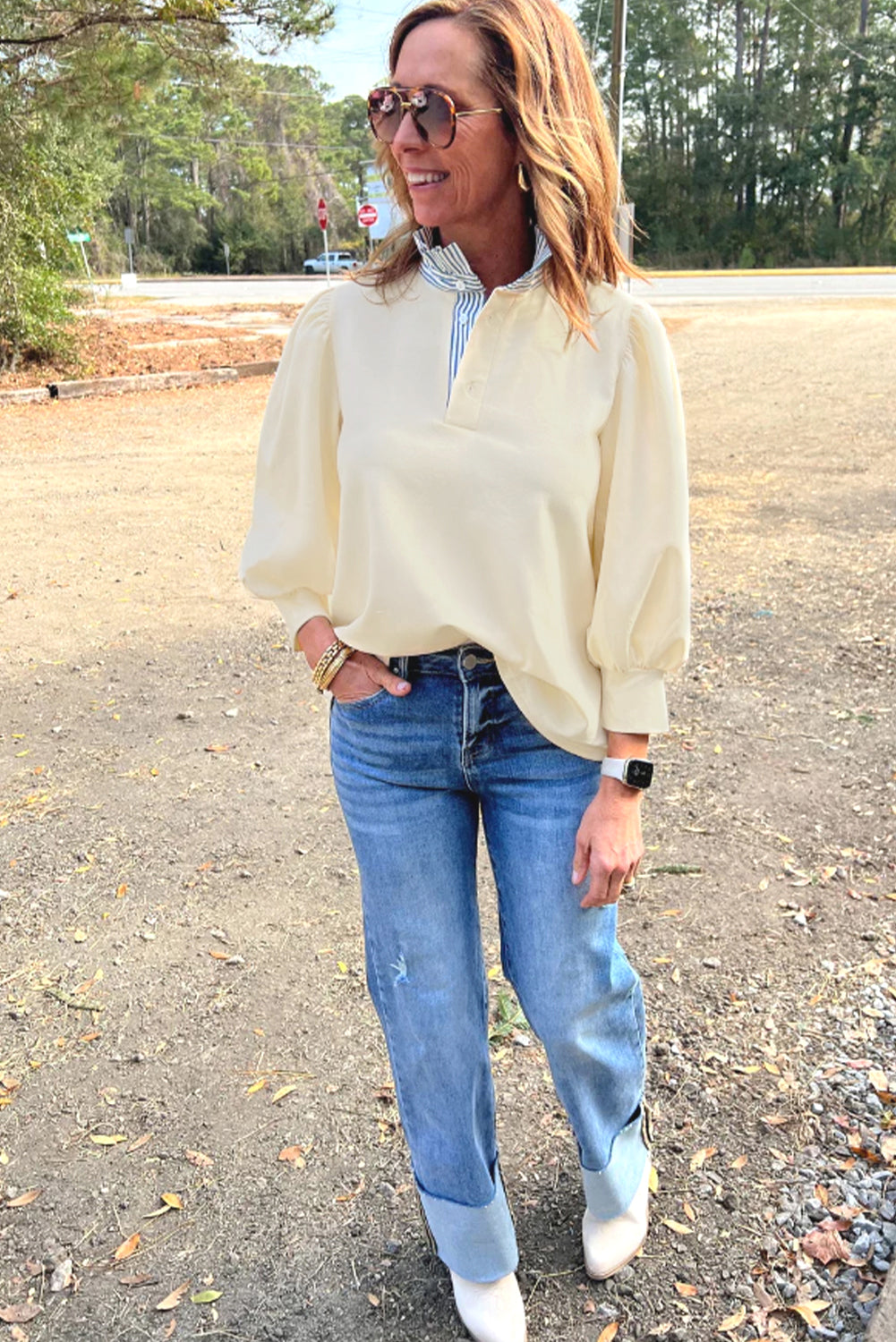 Striped Ruffle Button Neck Pullover Sweatshirt