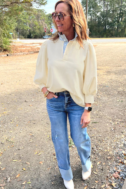 Striped Ruffle Button Neck Pullover Sweatshirt