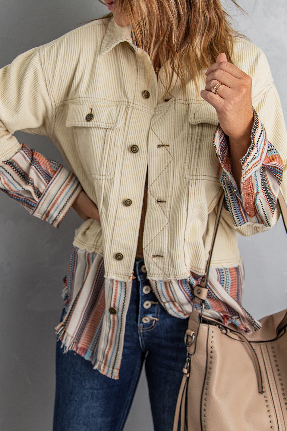 Button Up Pockets Striped Block Corduroy Jacket