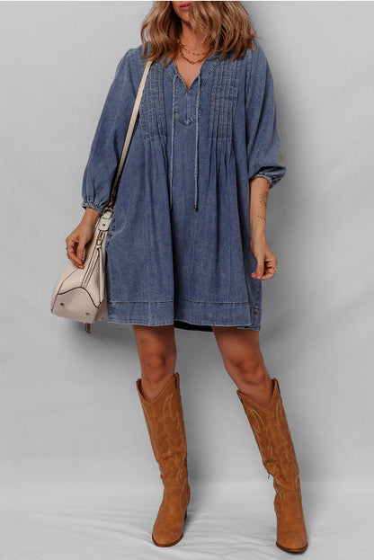 Blue Pleated V Neck 3/4 Sleeve Denim Mini Dress
