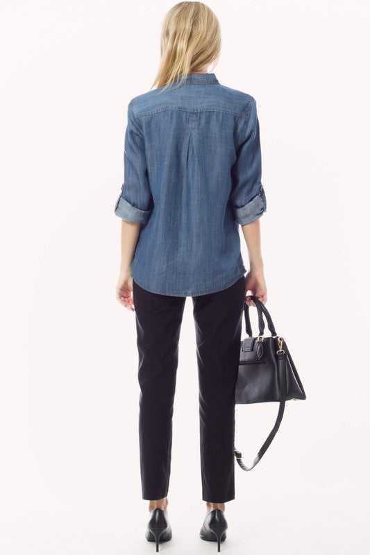 Chambray Button Down Top Denim Blouse Shirt