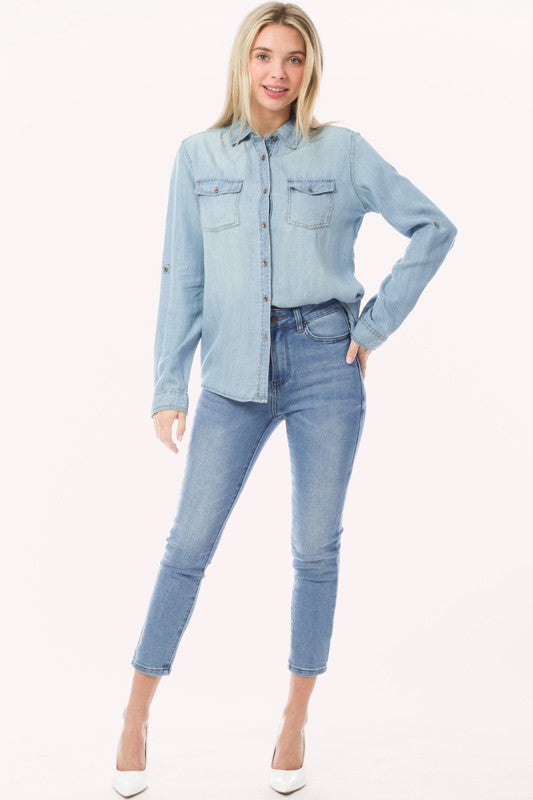 Chambray Button Down Top Denim Blouse Shirt