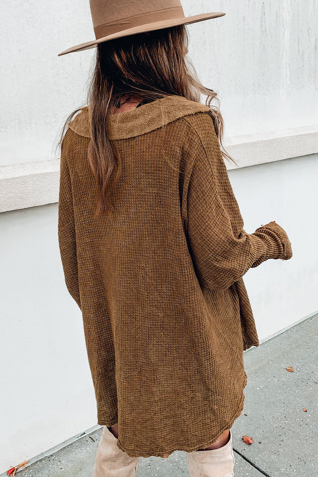 Waffle Pocket Seam Patchwork Loose Knit Top